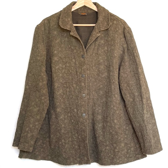 Lagenlook Olive Tencel Cotton Jacquard Jacket Textured Tianello Womens Large - Picture 1 of 11